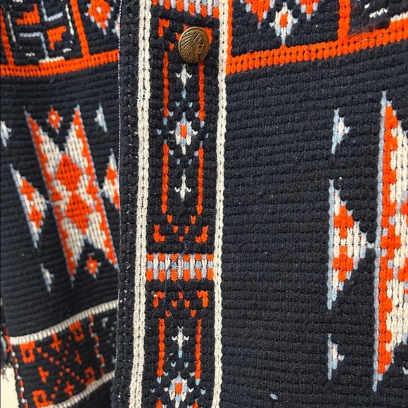Vintage 1970 Montgomery Ward navy and orange knit native bohemian Cardigan large - Picture 5 of 11